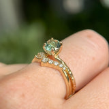 0.83ct Untreated Teal Montana Sapphire Evergreen Carved 4 Prong Solitaire in 14k Yellow Gold