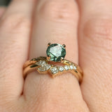 0.83ct Untreated Teal Montana Sapphire Evergreen Carved 4 Prong Solitaire in 14k Yellow Gold