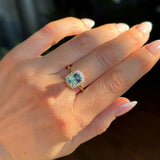 1.70ct Untreated Radiant Cut Vibrant Teal Green Sapphire Antique-Style Diamond Halo Ring in 14 Yellow Gold