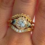 1.05ct GIA Antique Old European Cut Diamond and Trillion Madagascar Sapphire Antique Style Compass Set Low Profile Ring with Milgrain in 18k Yellow Gold