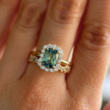 1.70ct Untreated Radiant Cut Vibrant Teal Green Sapphire Antique-Style Diamond Halo Ring in 14 Yellow Gold