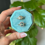 1.70ct Untreated Radiant Cut Vibrant Teal Green Sapphire Antique-Style Diamond Halo Ring in 14 Yellow Gold