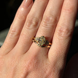 1.50ct Modern Old Mine Cut Oval Diamond Three Stone Ring with Trillion Side Diamonds Compass Set Low Profile Milgrain Antique Ring in 18K Yellow Gold