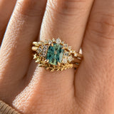 1.55ct Precision Radiant Cut Teal Montana Sapphire and Diamond Cluster Evergreen Ring in 14k Yellow Gold