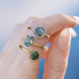 2.45ct Untreated Cushion Cut Deep Teal Sapphire Cathedral Double Prong Solitaire in 18k Yellow Gold