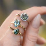 1.81ct Round Fantasy Carved Untreated Montana Sapphire and Antiqued Diamond Halo ring in 14k Yellow Gold