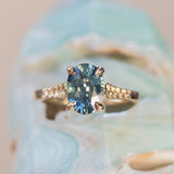 2.13ct Untreated Blue Madagascar Sapphire Vine Cathedral Four Prong Ring in 14k Yellow Gold