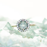 1.81ct Round Fantasy Carved Untreated Montana Sapphire and Antiqued Diamond Halo ring in 14k Yellow Gold