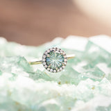 1.81ct Round Fantasy Carved Untreated Montana Sapphire and Antiqued Diamond Halo ring in 14k Yellow Gold