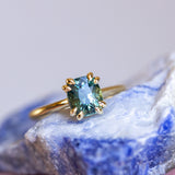 2.45ct Untreated Cushion Cut Deep Teal Sapphire Cathedral Double Prong Solitaire in 18k Yellow Gold