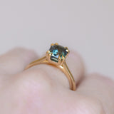 2.45ct Untreated Cushion Cut Deep Teal Sapphire Cathedral Double Prong Solitaire in 18k Yellow Gold
