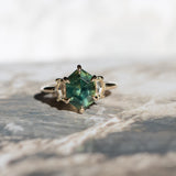 3.33ct Untreated Elongated Hexagon Sapphire and White Cadillac Sapphire Three Stone Ring in 14k Yellow Gold