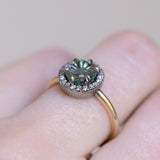 1.81ct Round Fantasy Carved Untreated Montana Sapphire and Antiqued Diamond Halo ring in 14k Yellow Gold