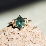 3.33ct Untreated Elongated Hexagon Sapphire and White Cadillac Sapphire Three Stone Ring in 14k Yellow Gold