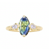 1.87ct Parti Australian Fantasy Cut Sapphire and White Australian Kite Sapphire Antique Milgrain Three Stone Low Profile Ring in 18k Yellow Gold