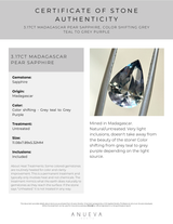 3.17CT MADAGASCAR PEAR SAPPHIRE, COLOR SHIFTING GREY TEAL TO GREY PURPLE, 11.08X7.89X5.32MM, UNTREATED