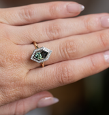 2.17ct Elongated Madagascar Teal Green Sapphire Bezel Set Diamond Halo Ring in Two-tone Platinum and Yellow Gold