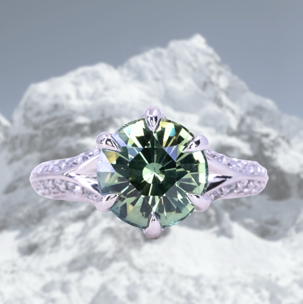 3.38ct Round Minty Green Madagascar Sapphire Diamond-studded Six Prong Split Shank Solitaire in Platinum