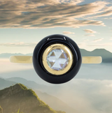 Art Deco Rosecut Moissanite With Black Onyx Halo Ring In 18k Yellow Gold