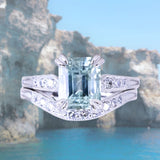 3.84ct Emerald Cut Unheated Light Aqua Blue Montana Sapphire Double Claw Prong Low Profile Milgrain and Diamond Vintage Cathedral Wedding Set in Platinum
