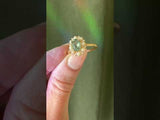 0.97ct Oval Teal Montana Sapphire Low Profile Diamond and Pearl Halo Ring in 14k Yellow Gold