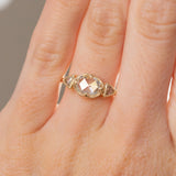 1.01ct Rosecut Three Stone Ring with Trillion Side Diamonds Compass Set Low Profile Milgrain Antique Ring in 18K Yellow Gold