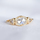 1.01ct Rosecut Three Stone Ring with Trillion Side Diamonds Compass Set Low Profile Milgrain Antique Ring in 18K Yellow Gold