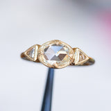 1.01ct Rosecut Three Stone Ring with Trillion Side Diamonds Compass Set Low Profile Milgrain Antique Ring in 18K Yellow Gold