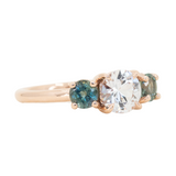 1.02ct White Sapphire and Green Sapphire Three Stone Ring in 14k Rose Gold