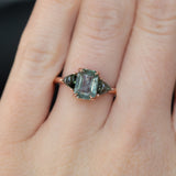 1.07ct Grey Sapphire and Green Tourmaline Three Stone Ring in 14k Rose Gold