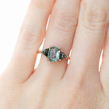 1.07ct Grey Sapphire and Green Tourmaline Three Stone Ring in 14k Rose Gold
