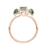 1.07ct Grey Sapphire and Green Tourmaline Three Stone Ring in 14k Rose Gold