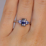 1.11ct Bicolor Emerald Cut Sapphire Three Stone Ring with Tanzanite Trillion Side Stones in Platinum