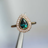 1.54ct Pear Sapphire and Scalloped Antique Style Diamond Halo Ring in 14k Yellow Gold