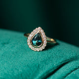 1.54ct Pear Sapphire and Scalloped Antique Style Diamond Halo Ring in 14k Yellow Gold