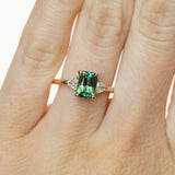 1.16ct Teal Green Radiant Cut Montana Sapphire and Trillion Diamond Low Profile Three Stone ring in 14k Yellow Gold