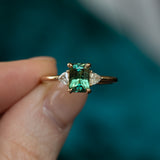 1.16ct Teal Green Radiant Cut Montana Sapphire and Trillion Diamond Low Profile Three Stone ring in 14k Yellow Gold