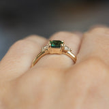 1.16ct Teal Green Radiant Cut Montana Sapphire and Trillion Diamond Low Profile Three Stone ring in 14k Yellow Gold