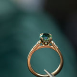 1.80ct Oval Nigerian Parti Sapphire Vintage Cathedral Ring in 14k Yellow Gold in tweezers