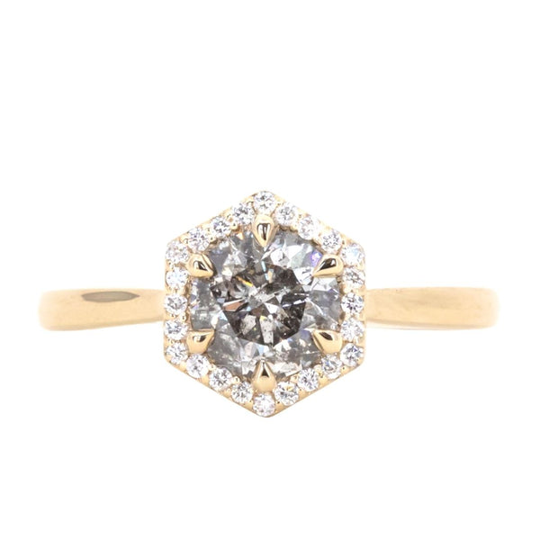 1.02ct Salt and Pepper and White Diamond Hexagon Halo Ring in 14k Yellow Gold