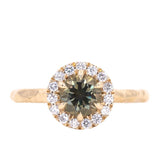 0.94ct Round Color Shifting Champagne Diamond Low Profile Diamond Halo Ring In 14k Yellow Gold