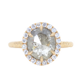 2.11ct Grey Oval Salt and Pepper Diamond and Low Profile Diamond Halo French Set Ring in 18k Yellow Gold