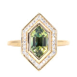 1.87ct Elongated Hexagon Geo Parti Sapphire Bezel Set Diamond Halo in 18k Yellow Gold
