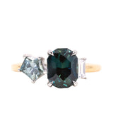 2.72ct Sapphire, 0.52ct Geo Sapphire and Diamond Baguette Three Stone Antique Style Low Profile Ring in two-tone Platinum and 18k Yellow Gold