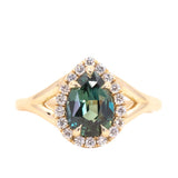 1.58ct Pear Sapphire Low Profile Split Shank Diamond Halo in 14k Yellow Gold