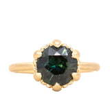 3.03ct Round Deep Teal Sapphire Scallop Cup Solitaire in Satin 18k Yellow Gold