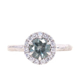 0.99ct Round Montana Color Changing Sapphire Low Profile Diamond Halo Ring In 14k White Gold