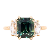 4.14ct Emerald Cut Sapphire and Cadillac White Sapphire Three Stone Ring in 14k Yellow Gold
