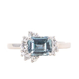 1.80ct Emerald Cut Denim Blue Sapphire and Asymmetrical Diamond Cluster Ring in Platinum