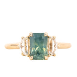 1.47ct Radiant Opalescent Teal Sapphire and White Sapphire Three Stone Ring in 14k Yellow Gold